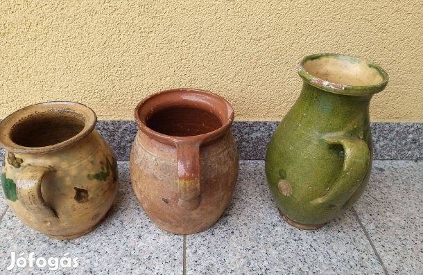 Antik tejes köcsög, szilke,csupor,cserépedény 3 db