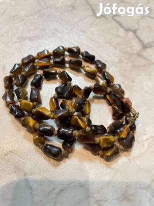 Antik tigrisszem ásvány gyöngysor 65 cm hosszú