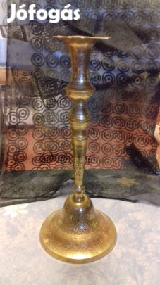 Antik tömör réz gyertyatartó nagy méret metszett mintás 30cm