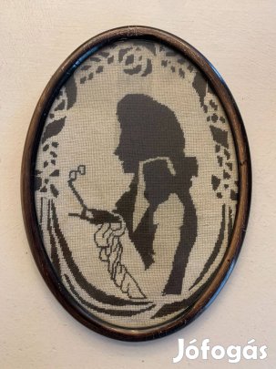 Antik tűgobelin árnykép eredeti 1930-as évekbeli keretezésben