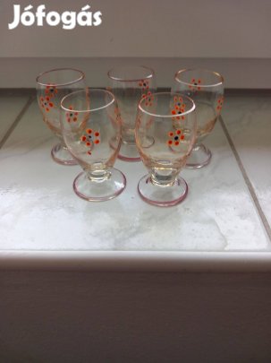 Antik üveg pohárkészlet talpas pálinkás kézi festéssel 5db
