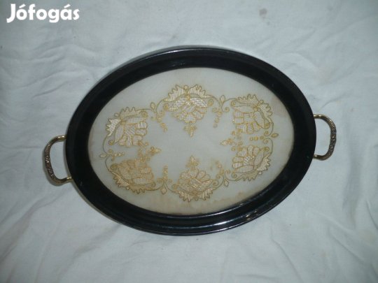 Antik üvegbetétes fakeretes kínáló tálca