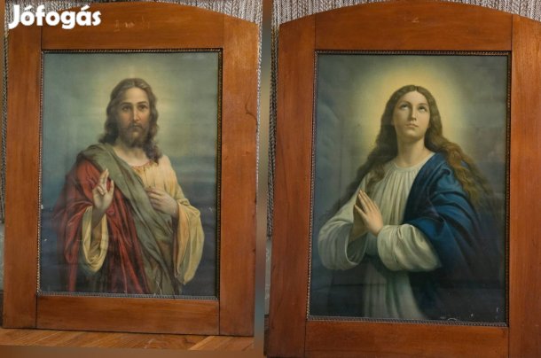 Antik vallási képpár - Jézus és Mária olajnyomat eredeti keretben