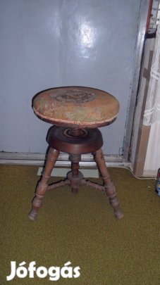 Antik zongoraszék, bárszék szék ülőke, fa csigaorsóval original kárpit