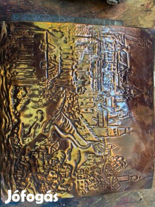 Antikolt réz domborítás Részletgazdag európai városkép falikép