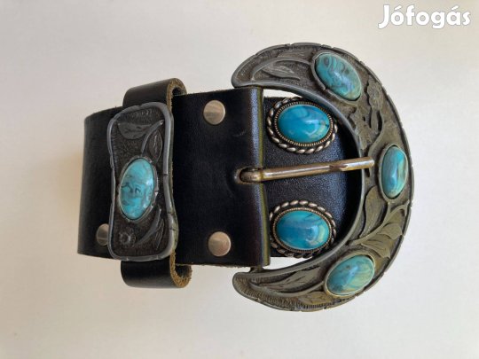 Antikolt veretes fekete bőr türkiz indián western motoros öv derékszíj