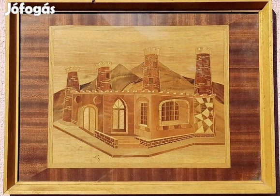 Arab erődítmény a homokdűnék között. Intarzia táblakép üvegezett keret