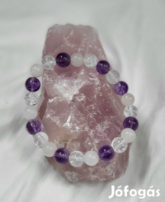 Arany Háromszög ásvány karkötő - Ametiszt, Rózsakvarc, Hegyikristály