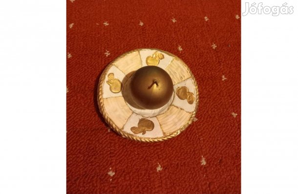 Arany-fehér elegáns gömbgyertya tányéron 11,5x5 cm - Új