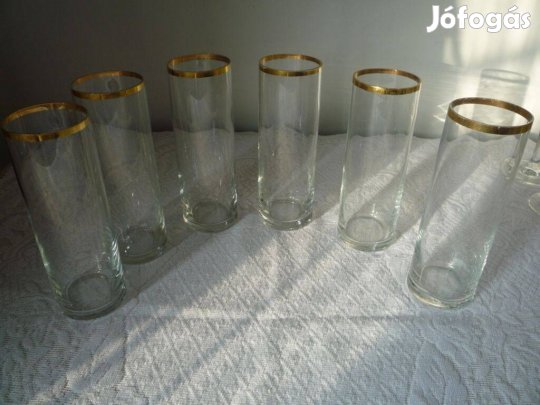 Arany szélű, cső alakú üvegpohár 6db