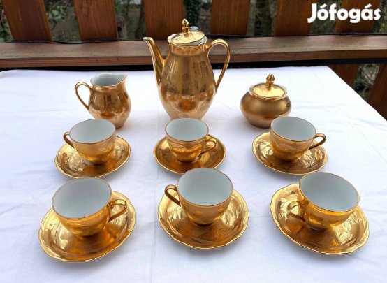 Aranyozott 6 személyes, jelzett német Colditz porcelán kávés készlet