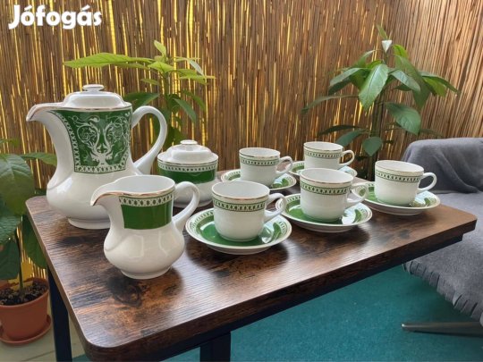 Aranyozott, zöld mintás Hollóházi porcelán mokkáskészlet