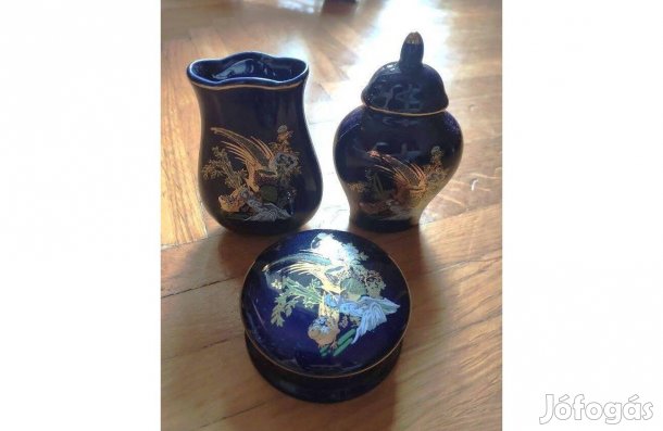 Aranyozott fácán díszes kék színű porcelán szett (3 db-os)