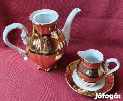 Aranyozott porcelán kávés kanna kancsó kiöntő csészealj