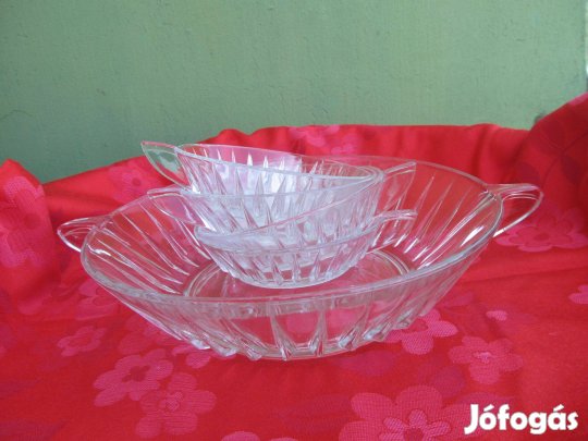 Art Deco különleges, öntött üveg desszertes tál készlet