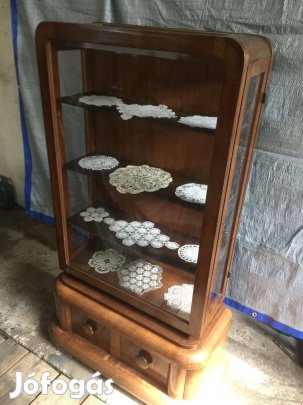 Art Deco üveges, fiókos vitrin, (antik üvegszekrény), cm: 162x92x43