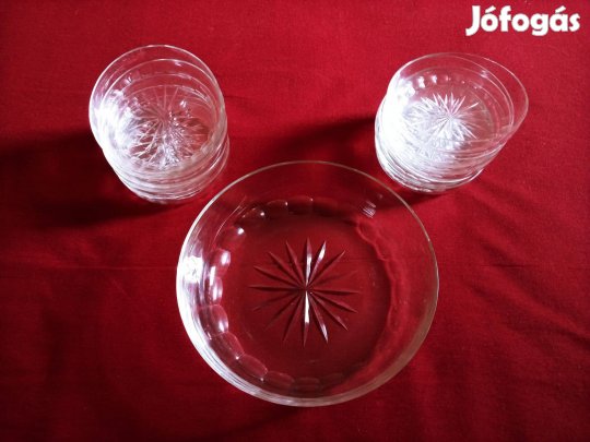 Art deco csiszolt üveg kompótos készlet 12 db-os csillagmintás