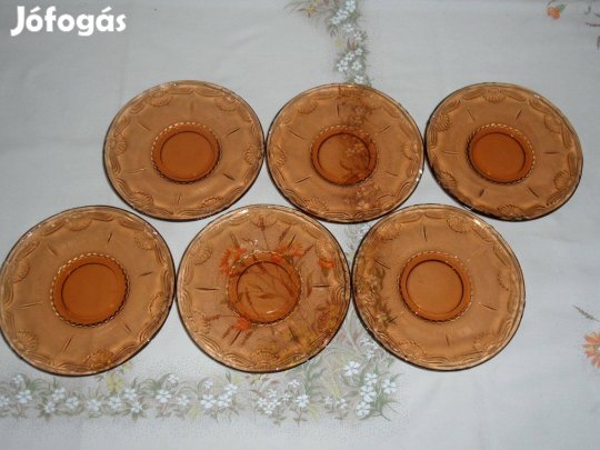 Art deco korall színű üveg süteményes tányér ( 6 db. )