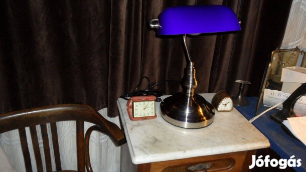 Asztali dönthető "bankár" lámpa, (ritka) kék burás több funkc. újonnan