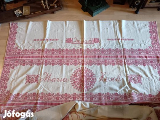 Asztalterítő, 1887-es évszámmal, szövött-hímzett darab, szép hibátlan