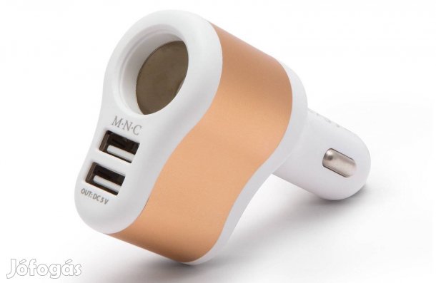 Autós Arany fehér töltő szivargyújtó aljzat adapter dupla USB aljzat