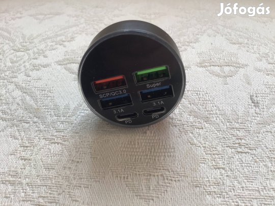 Autós digitális gyorstöltő, 5 portos, 150W, QC 3.0,