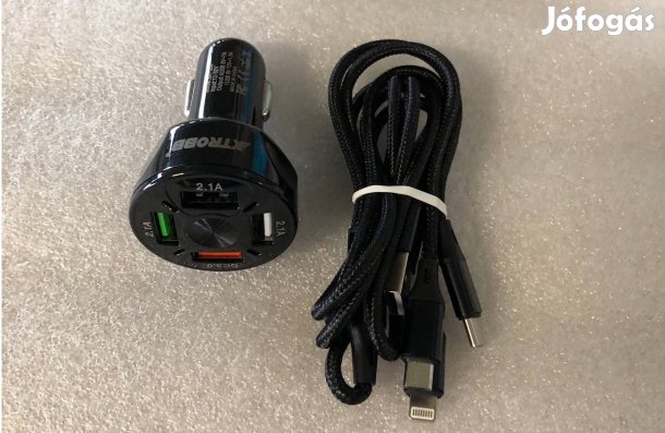 Autós töltő USB 4 portos gyorstöltés LED + USB type C micro Lightning
