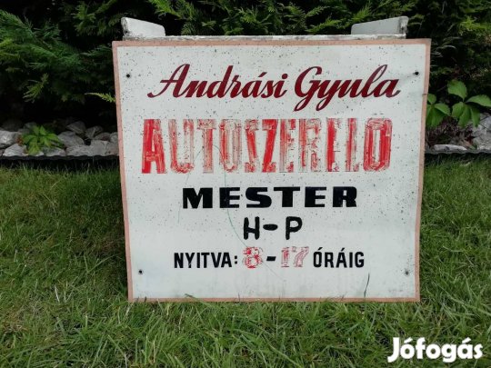 Autószerelő tábla, régi alumínium cégtábla dekoráció, kézzel festett