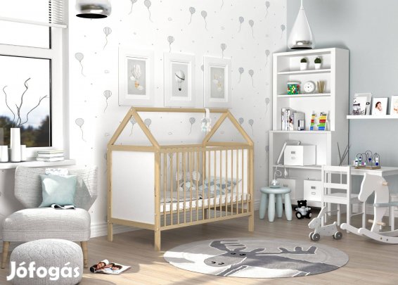 Babaágy - házikó alakú Ania - fenyő-fehér - matraccal