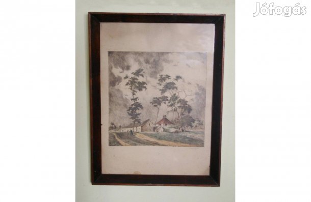 Bajor Gábor: Tanya c. hangulatos, színes rajza, Pécsett