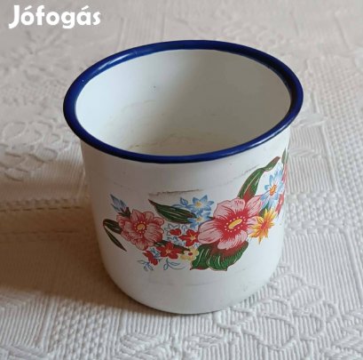 Bájos Virág Mintás Régi Zománcos / Zománcozott Fehér Bögre