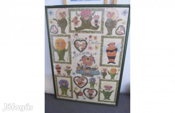 Bájos macik, fa keretes üveglapos kép