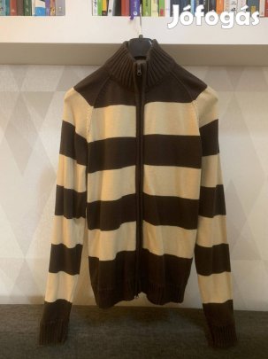 Barna, bézs csíkos, cipzáros, magas nyakú férfi kardigán L
