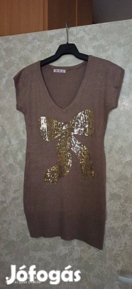 Barna arany flitteres kötött rövid ujjú tunika, miniruha, mellény