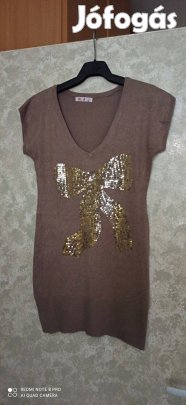 Barna arany flitteres kötött rövid ujjú tunika, miniruha, mellény