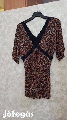 Barna leopárdmintás háromnegyedes ujjú felső