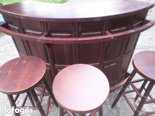 Bárpult bárszekrény 3 db bárszékkel tömör fa bútor