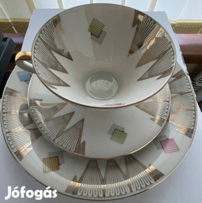 Bavaria 3 részes színes festett, aranyozott porcelán reggeliző készlet