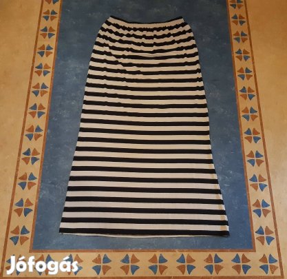 Beige-fekete csíkos elasztikus pamut gumis derekú maxi szoknya - 44