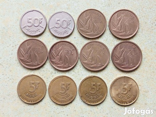 Belgium 12 db Különböző Érme 5 20 50 Frank Francs 1980-1989