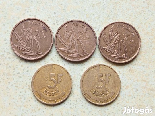 Belgium 5 db Különböző Érme 5 20 Frank Francs 1980-1986