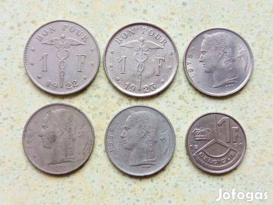 Belgium 6 db Különböző Érme 1 Frank 1922-1991
