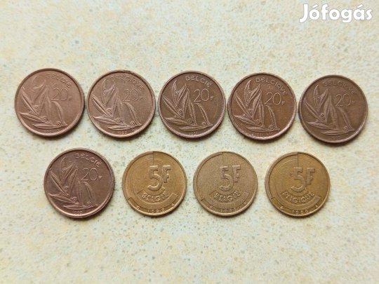 Belgium 9 db Különböző Érme 5 20 Frank 1980-1988
