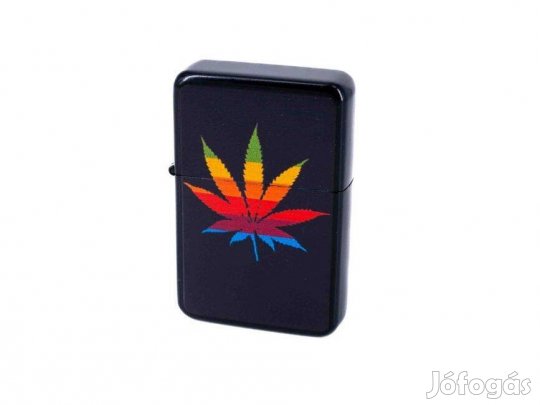 Benzines öngyújtó, fekete színű, színes Cannabis-levél mintával az ele