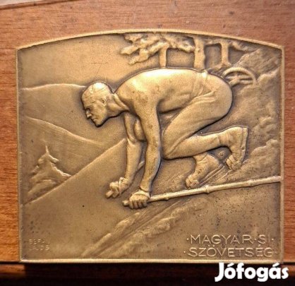 Berán Lajos art deco bronz plakett Magyar Sí Szövetség, 192030-as é