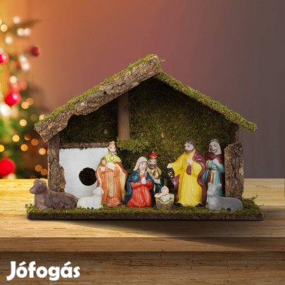 Betlehem Karácsonyi asztali dekoráció - kerámia és fa - 30x10x20cm