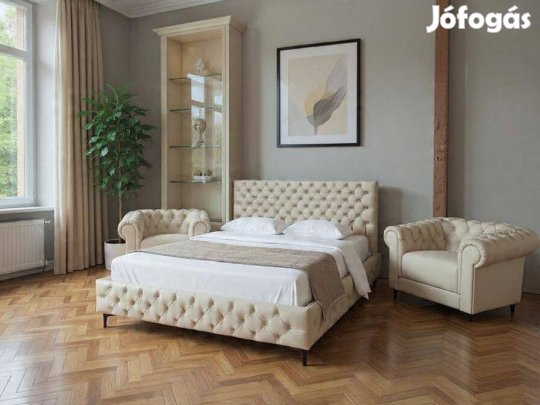 Bezárunk!Fél ÁR!Új Chesterfield fehér bőr franciaágy+fotel 600eFt