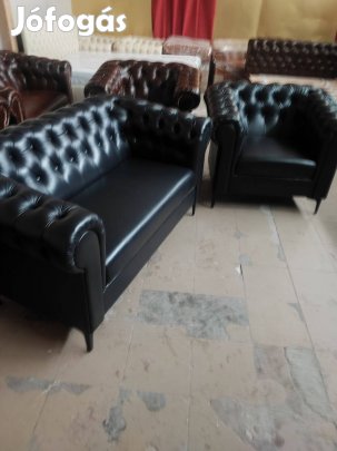 Bezárunk!Fél ÁR!Új valódi bőr Chesterfield fekete kanapé+fotel 500eft