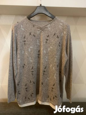 Bézs alapon, fekete pitypang mintás, fehér aljú női pulóver 3XL