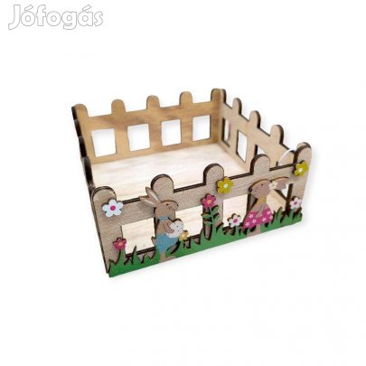 Bézs fa húsvéti dekor láda nyuszikkal és tojásokkal 15 cm